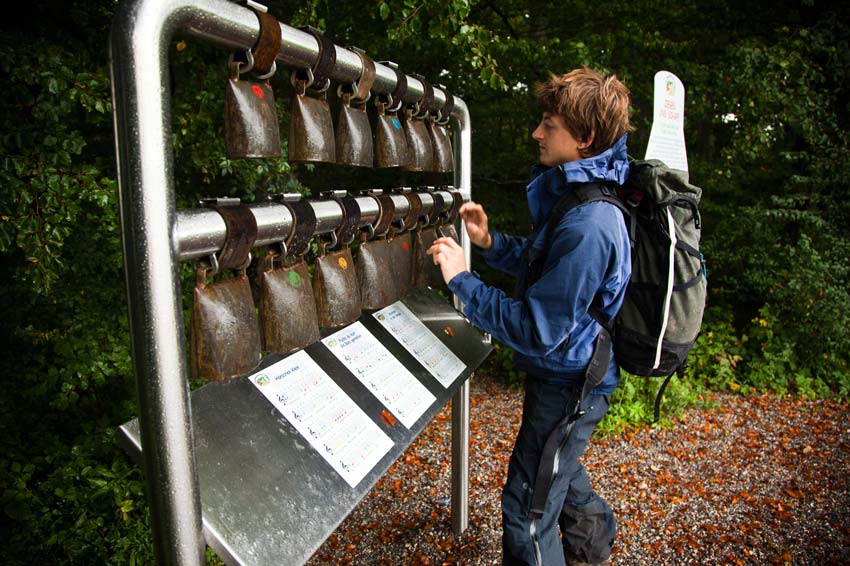Playing a tune on some cowbells.